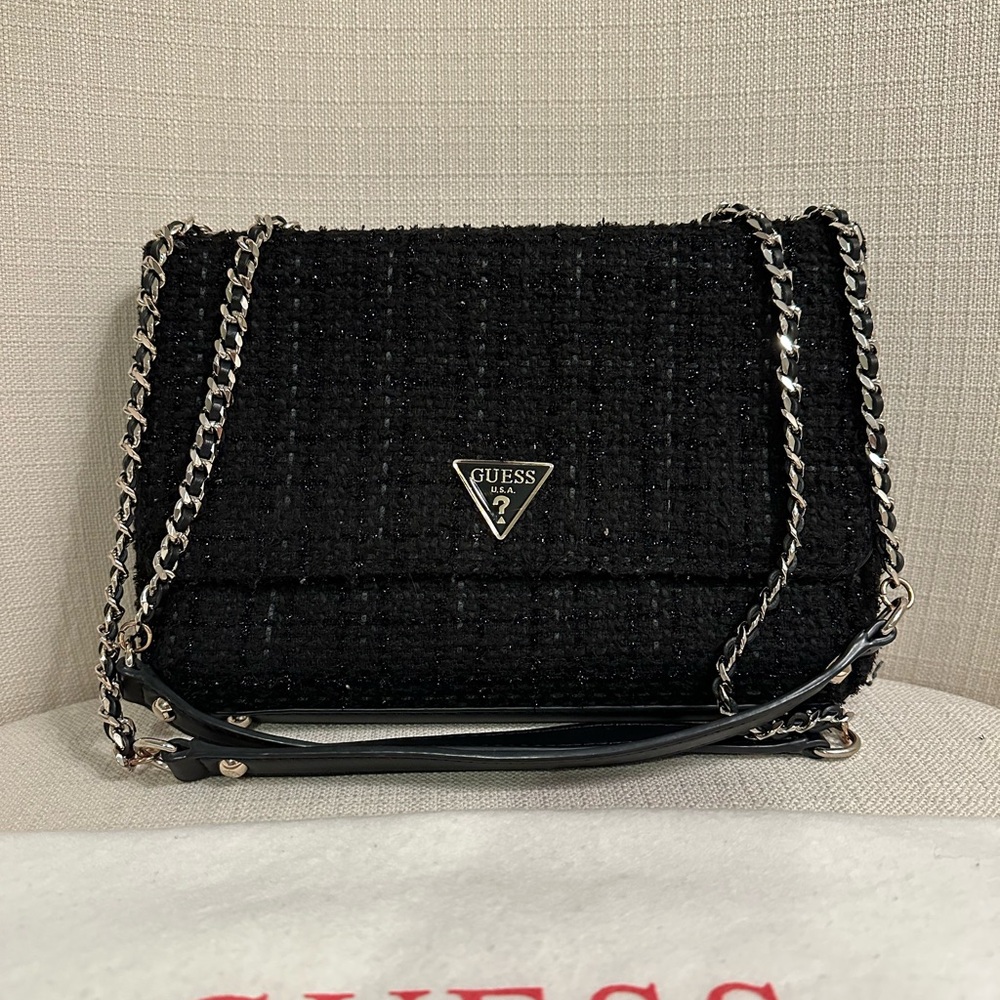 Guess Black Tweed Chain Shoulder Bag